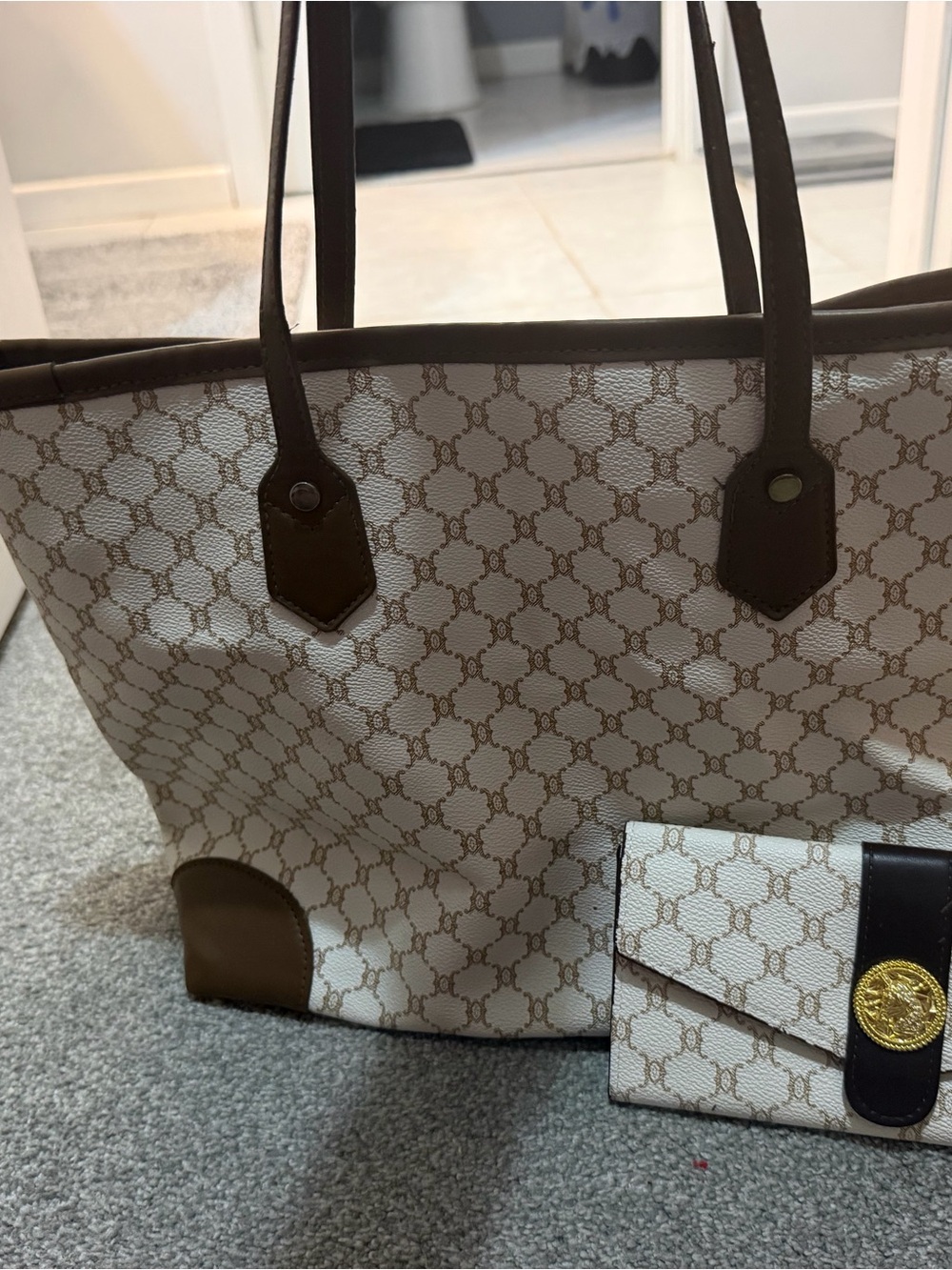 Beige and Brown Canvas Tote with Matching Wallet